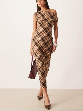 ASOS One-Shoulder Plaid Midi Dress in Tan and Black